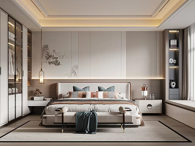Elegant Modern Bedroom Interior With Decorative Pillows Built in Wardrobes Area Rug and Wall Art 3d model