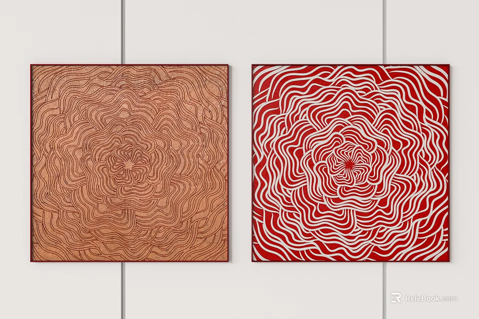 Two Square Brown and Red Wall Decor Pieces with Wavy Patterns for Home Interior 3d model 