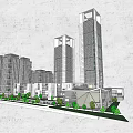 Modern Commercial Complex With Open Courtyard Greenery And Pedestrians