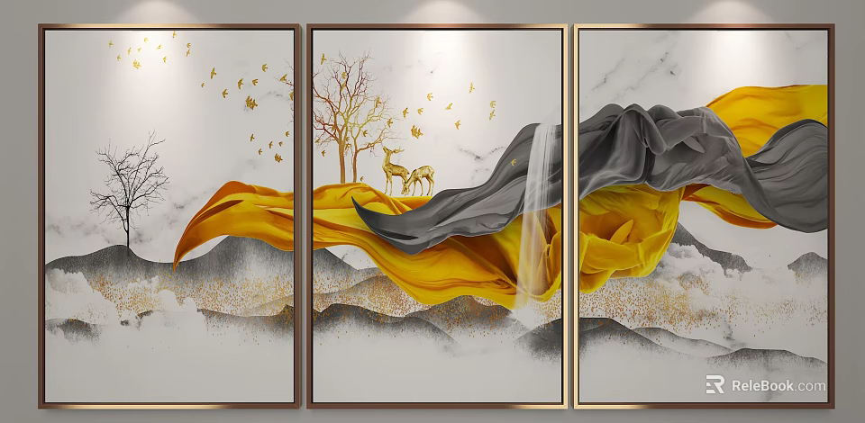 Triple Panel Decorative Wall Art With Gold Gray Fabric Tree Deer And Mountainous Design 3d model 