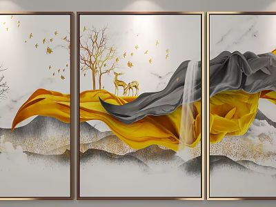 Triple Panel Decorative Wall Art With Gold Gray Fabric Tree Deer And Mountainous Design 3d model