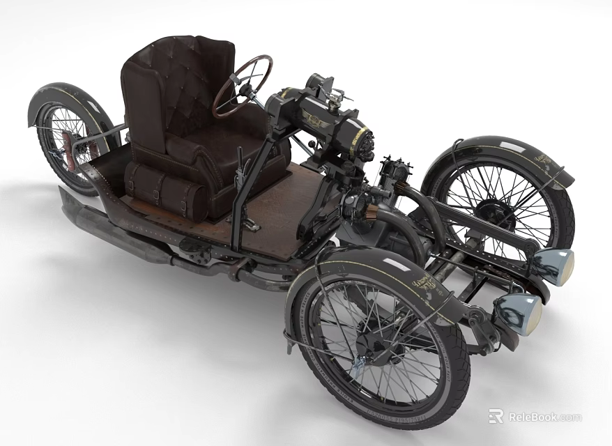 Classic Vintage Tricycle With Leather Seat Steering Wheel And Black Wheels 3d model 