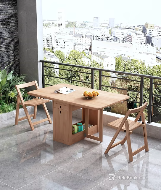 Cozy Wooden Table And Chair Set On Balcony With Magazine Oranges And City View 3d model 