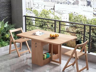 Cozy Wooden Table And Chair Set On Balcony With Magazine Oranges And City View 3d model