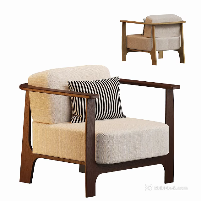 Modern Leisure Chair With Beige Fabric Upholstery Dark Wooden Armrests And Striped Pillow 3d model 