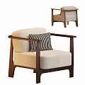 Modern Leisure Chair With Beige Fabric Upholstery Dark Wooden Armrests And Striped Pillow