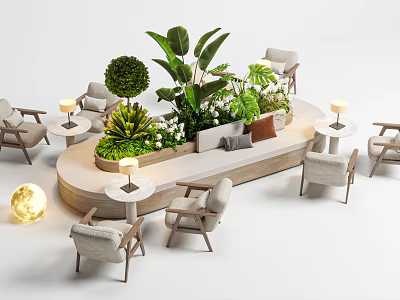 Modern Sofa Booth Lounge With Greenery Side Tables And Comfortable Chairs 3d model