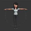 Cartoon Style Woman With Black Hair Striped Top Dark Pants Arms Outstretched On Dark Background