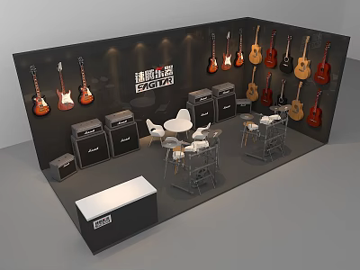 Guitar Exhibition Booth With Wall Mounted Guitars Amplifiers Chairs And Tables 3d model