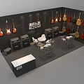 Guitar Exhibition Booth With Wall Mounted Guitars Amplifiers Chairs And Tables