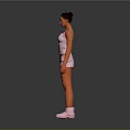 A Woman Standing in White Tank Top Shorts and White Boots Against Gray Background