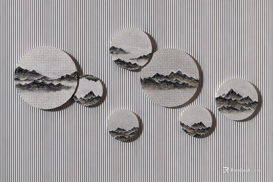 Multiple Circular Framed Paintings Featuring Mountain Patterns On Striped Background 3d model