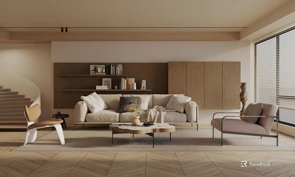 Modern Living Room Interior With Beige Sofa Wooden Bookshelf Coffee Table And Herringbone Floor 3d model 