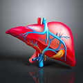 3D Rendered Human Liver Anatomy with Red Tissue Blue Blood Vessels and Gallbladder
