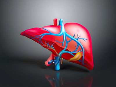 3D Rendered Human Liver Anatomy with Red Tissue Blue Blood Vessels and Gallbladder 3d model