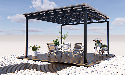 Modern Pavilion Rest Area Outdoor Dining Table and Chair Float Pebbles 3d model