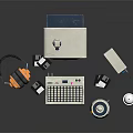 Vintage Computer Setup With Monitor Keyboard Headphones Floppy Disk And Drink Cup