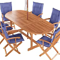 Round Wooden Outdoor Table with Blue Chairs and Blue Umbrella for Patio