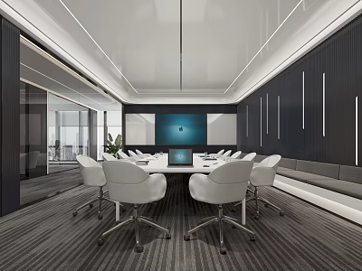 Modern Conference Room Interior Design With White Chairs Meeting Table Large Screen And Gray Carpet 3d model