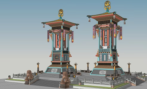Chinese Tower Twin Linglong Landscape Tower 3d model