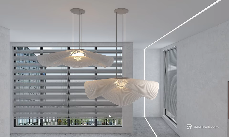 Pleated White Chandeliers with Warm Glow in Modern Minimalist Interior and Large Windows with Blinds 3d model 