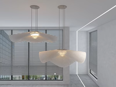 Pleated White Chandeliers with Warm Glow in Modern Minimalist Interior and Large Windows with Blinds 3d model