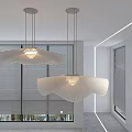 Pleated White Chandeliers with Warm Glow in Modern Minimalist Interior and Large Windows with Blinds