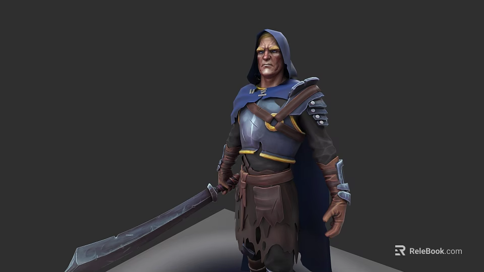 Armored Hooded Game Movie Character With Blue Brown Outfit And Large Sword 3d model 
