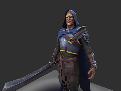 Armored Hooded Game Movie Character With Blue Brown Outfit And Large Sword 3d model