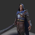 Armored Hooded Game Movie Character With Blue Brown Outfit And Large Sword