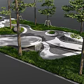 Linear Green Landscape Design With Trees Grass Curved Walkways And Circular Plazas