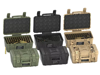 Multiple Open Weapon Cases Containing Bullets and Weapon Accessories in Various Colors 3d model