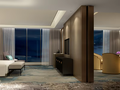 Modern Hotel Guest Room With Large Windows Comfortable Bed And Seating Area 3d model