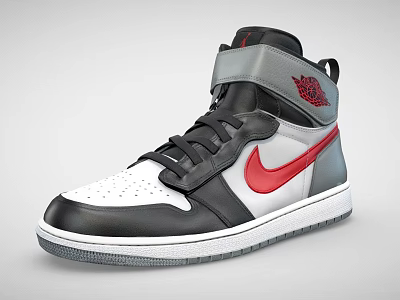 High Top Sneakers Featuring Black Grey White Red Colorway With Nike Swoosh Logo 3d model