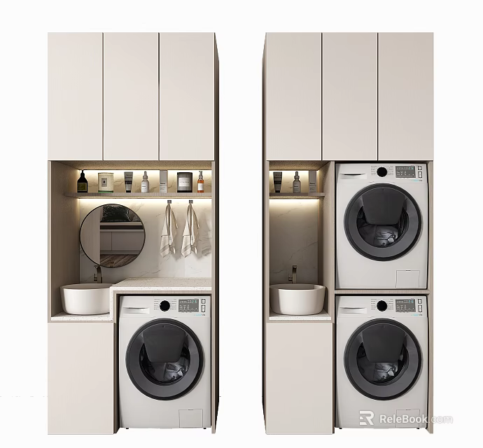 Modern Bathroom Vanity Cabinet With Stacked Washing Machine Sink Mirror And Lighting 3d model 