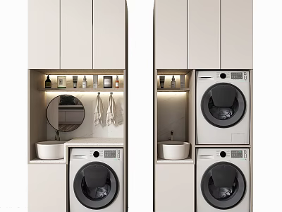 Modern Bathroom Vanity Cabinet With Stacked Washing Machine Sink Mirror And Lighting 3d model