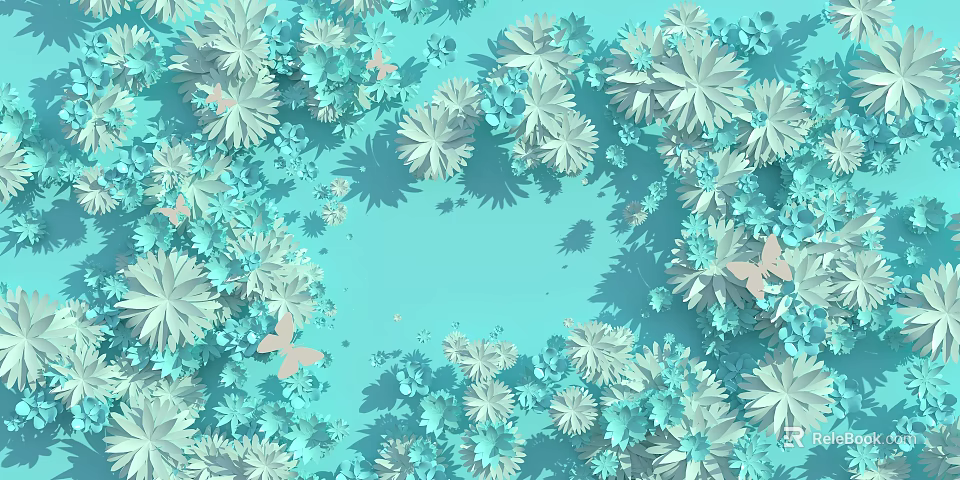 Light Blue Decorative Floral Wall Art With Butterflies And Paper Flowers 3d model 