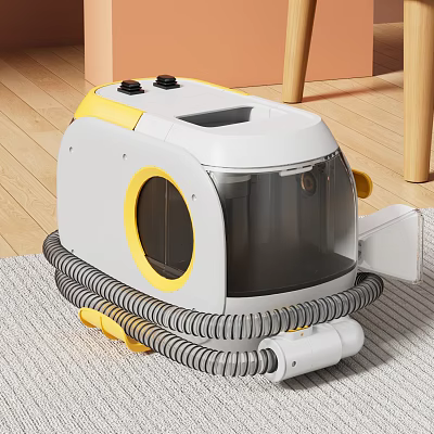 White And Yellow Pet Dryer With Clear Window Open Door Gray Hose On Wooden Floor 3d model
