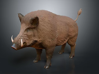 Wild Boar With Brown Fur And White Tusks Standing On Dark Background 3d model