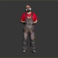 Man in Red T-shirt and Gray Overalls Wearing Gas Mask Standing Against Gray Background