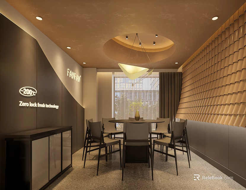 Elegant Five Star Private Dining Room With Modern Design Dining Table Chairs Pendant Light And Wooden Wall 3d model 