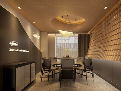 Elegant Five Star Private Dining Room With Modern Design Dining Table Chairs Pendant Light And Wooden Wall 3d model