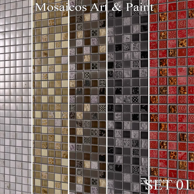 Mosaic Tiles In White Gold Gray And Red With Decorative Patterns 3d model 