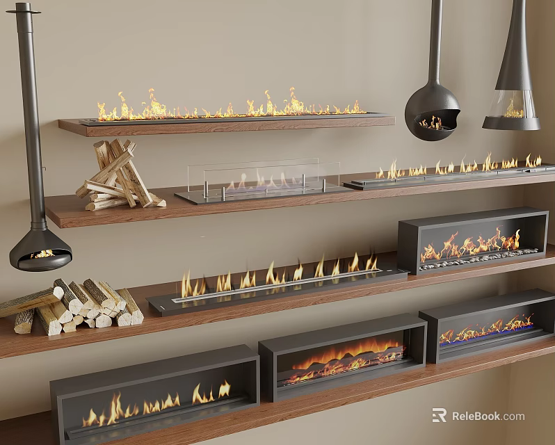 Various Modern Fireplace Designs With Flames And Wood Logs On Shelves 3d model 