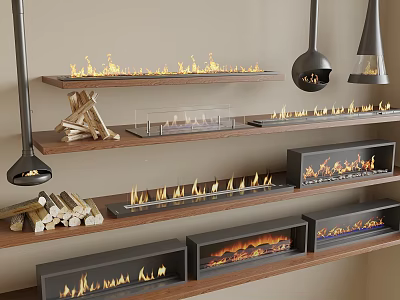 Various Modern Fireplace Designs With Flames And Wood Logs On Shelves 3d model