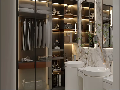 Modern Bathroom Interior with Double Sinks Marble Walls and Glass Cabinets 3d model