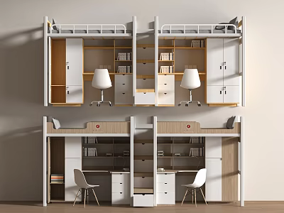 Modern European Style Bed and Bed Table Dormitory Solid Wood 3d model