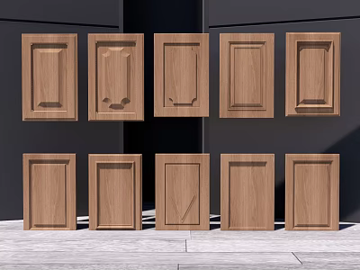Multiple Wooden Cabinet Doors With Various Panel Designs On Dark Wall 3d model