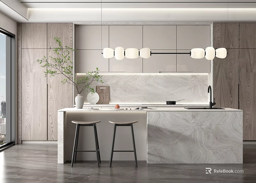 Modern Kitchen Interior With Marble Island Wooden Cabinets And Pendant Lights 3d model 