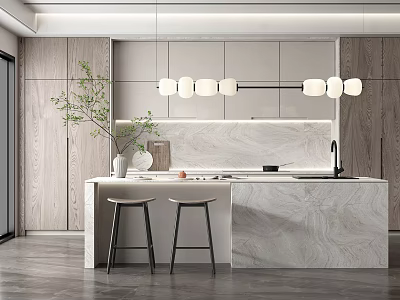 Modern Kitchen Interior With Marble Island Wooden Cabinets And Pendant Lights 3d model